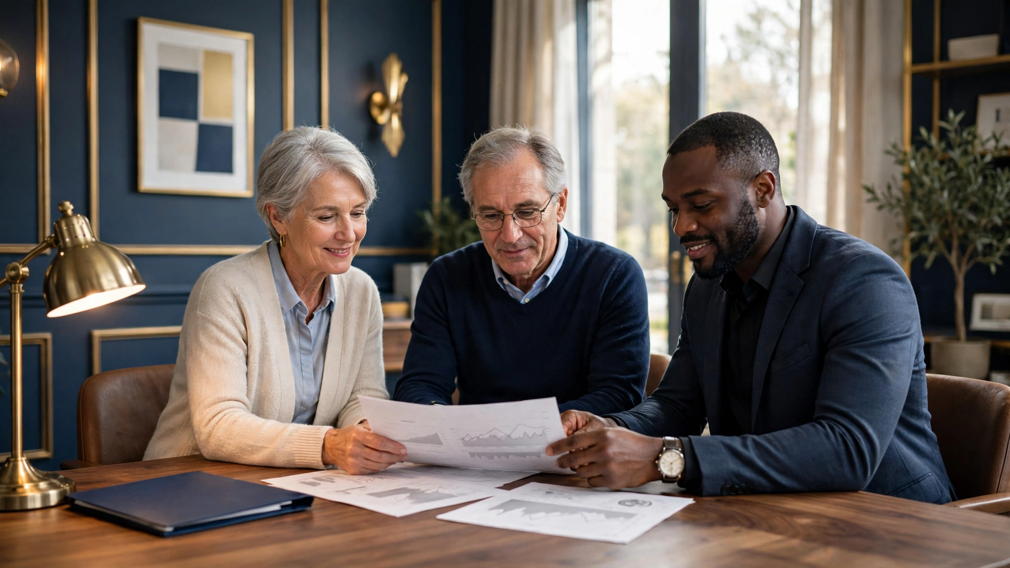 A retired Columbia couple reviewing their income plan with an advisor in a navy and gold office