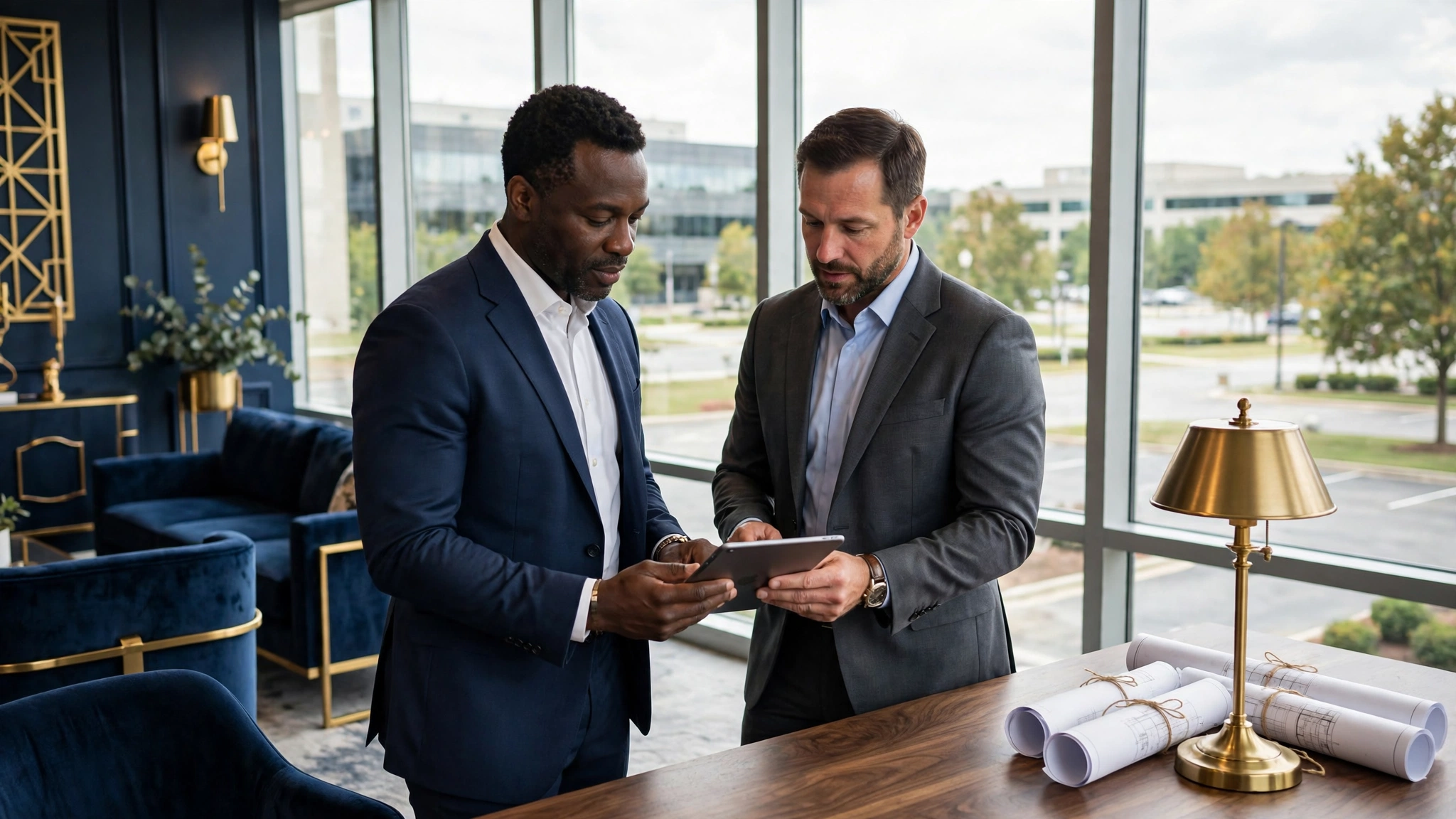 A Maryland real estate investor reviewing a property deal on a tablet with an advisor in a navy and gold office