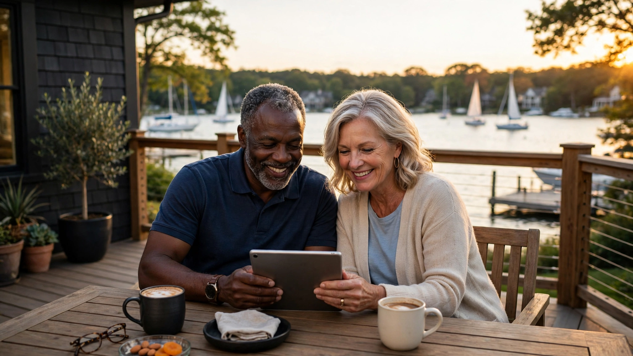 A retired Maryland couple reviewing their plans together on a lakefront deck at golden hour